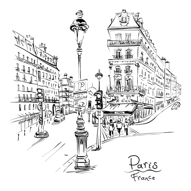 Vector vector black and white hand drawing paris street with traditional houses and lanterns paris france