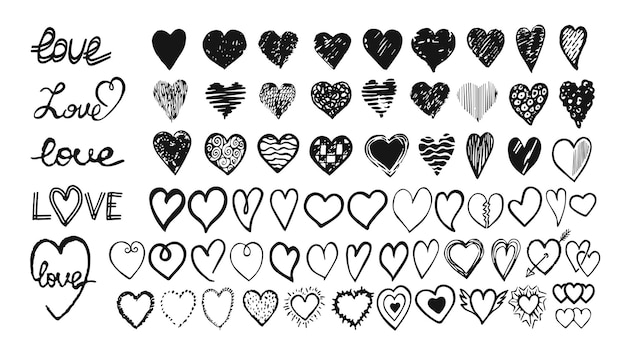 Vector vector black and white hand drawn set with hearts. design elements for valentine day.
