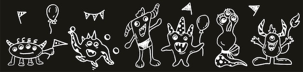 Vector black and white handdrawn illustration of 6 funny monsters