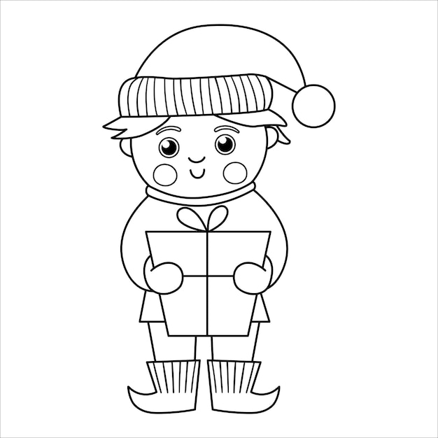 Vector black and white happy boy holding a present cute winter elf kid line illustration or coloring page funny outline icon for christmas new year or winter design