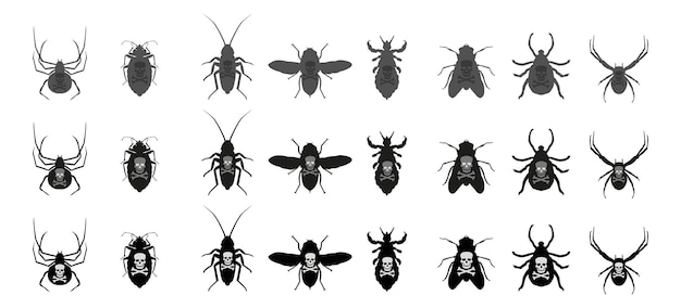Vector black and white icons of various insects insects that harm people