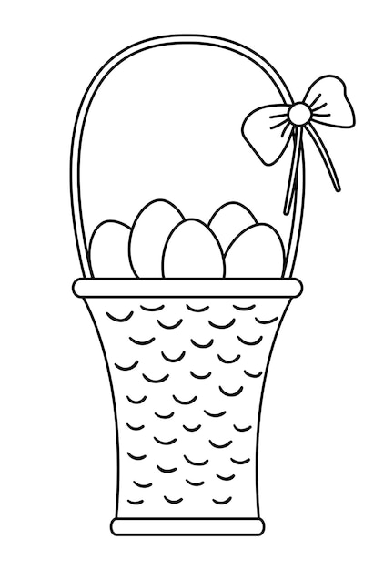 Vector black and white illustration of basket with eggs and bow Easter outline traditional symbol and design element Cute spring line icon or coloring pagexA