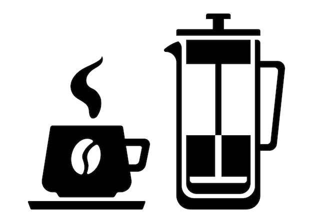 Vector black and white illustration in flat style french press and coffee cup