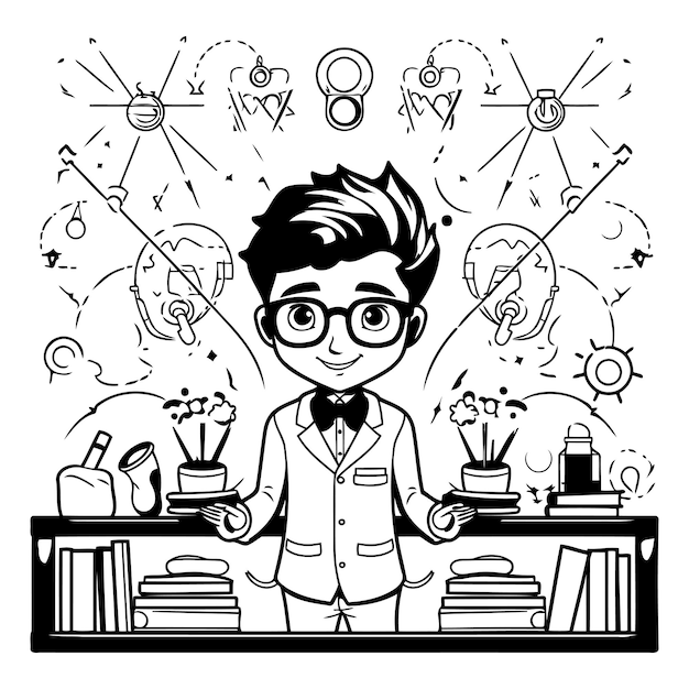 Vettore illustrazione vettoriale in bianco e nero di uno scienziato maschio in piedi davanti a una libreria piena di oggetti scientifici