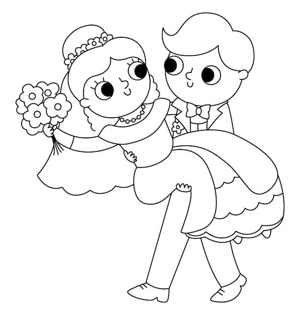 Vector vector black and white illustration with groom carrying bride on his hands cute just married couple wedding ceremony line icon cartoon marriage coloring page with newly married couple