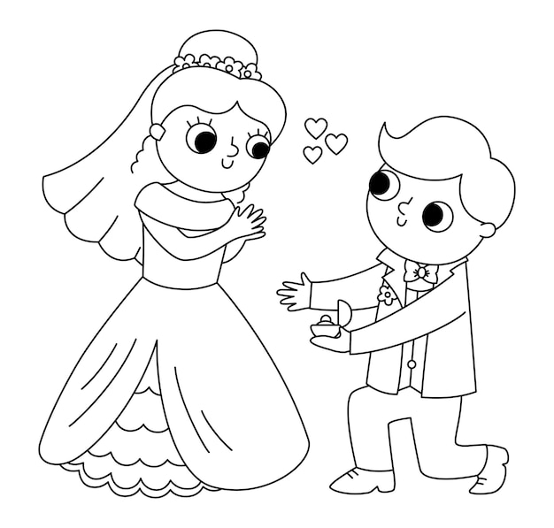 Vector black and white illustration with groom giving the ring to the bride Just married couple Wedding ceremony line icon Cartoon marriage coloring page with newly married couple and proposalxA