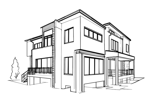 Векторный черно-белый набросок современного дома. Иллюстрация в стиле гравировки.