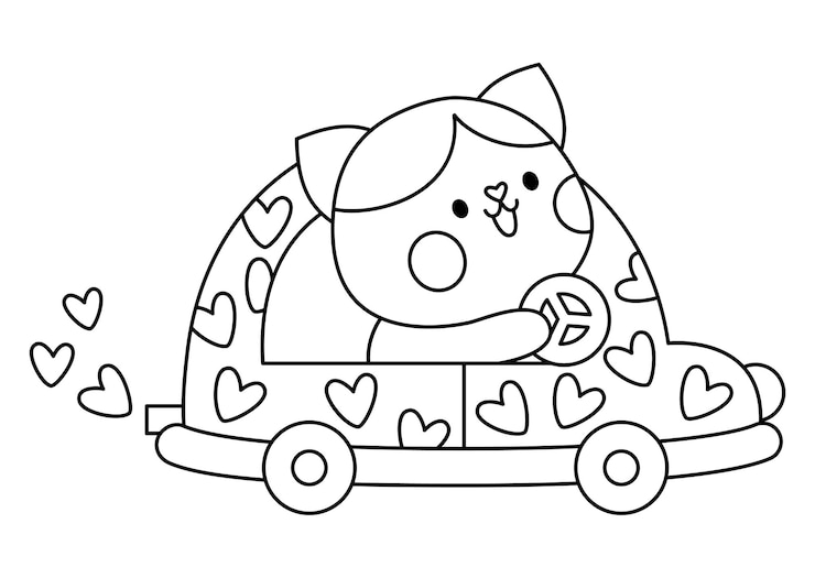 Vector 黒と白のカワイイ猫が車を運転する心のライン 孤立したクリパート 可愛い子猫の概要イラスト 楽しいバレンタインデー 子供のための愛のカラーページ