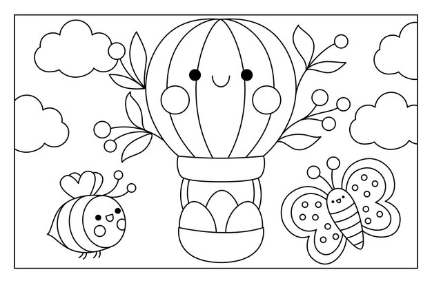 Vector vector black and white kawaii easter scene with hot air balloon and eggs in the sky spring cartoon line illustration cute scenery or coloring page for kids with butterfly and beexa