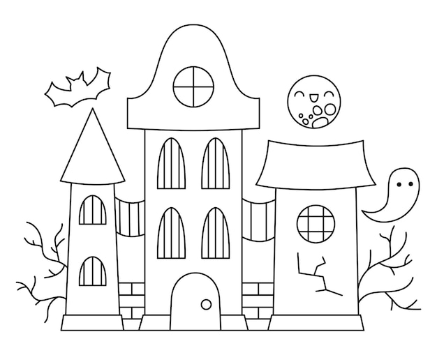Векторный черно-белый дом с привидениями Кавайи Симпатичное здание на Хэллоуин для детей Смешная осенняя страшная иллюстрация линии Вечеринка Самайн жуткий коттедж раскраска с лунным призраком