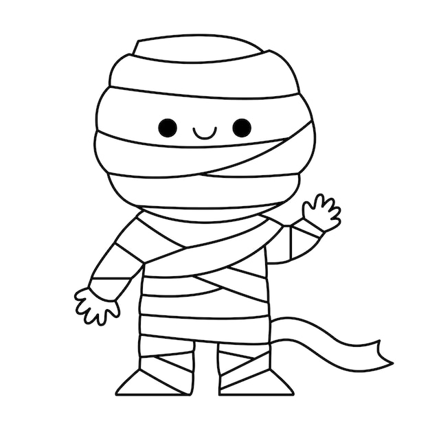 Vector black and white kawaii mummy Cute smiling Halloween line character for kids Funny autumn all saints day cartoon illustration with boy waving his hand Samhain party coloring page