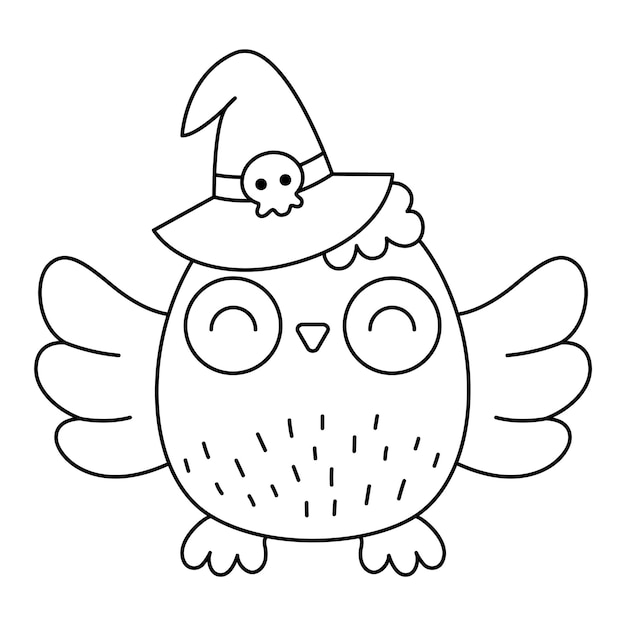 Vector black and white kawaii owl in witch hat Cute smiling Halloween line character for kids Autumn all saints day cartoon bird with spread wings illustration Samhain party coloring page