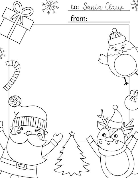 Lettera di vettore in bianco e nero al modello di babbo natale. simpatico disegno di cartolina di natale. layout della cornice invernale per bambini con personaggi divertenti. sfondo festivo o pagina da colorare con posto per il testo.