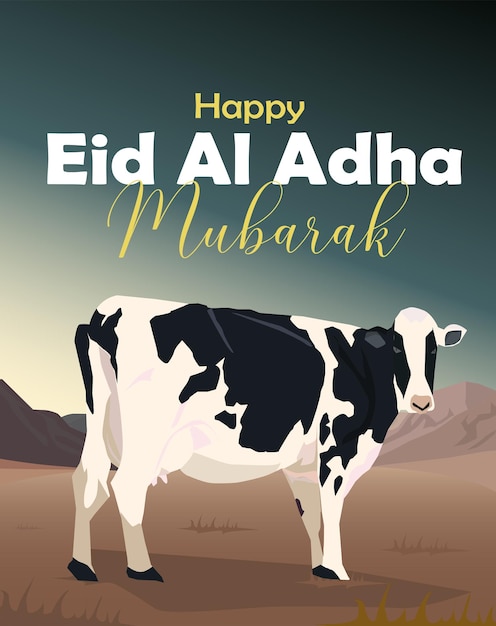 벡터 검은색 흰색 젖소 서있는 들판 마른 풀 언덕 eid al adha mubarak 황혼의 날