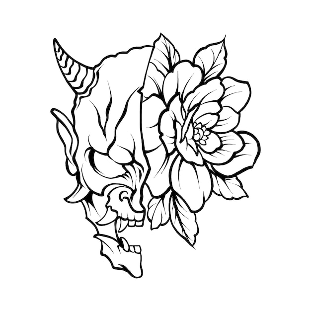 Vector black and white oni devil with sakura flower