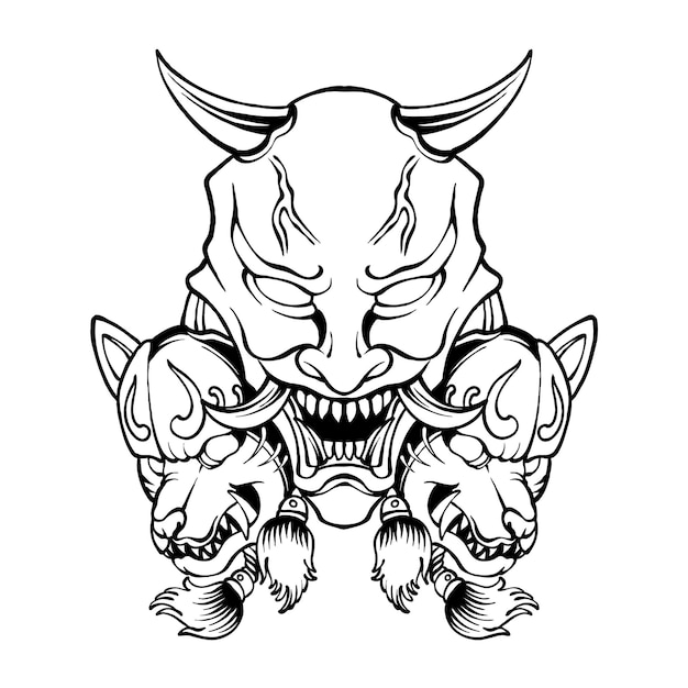 Vector black and white onimask with two head of kitsune