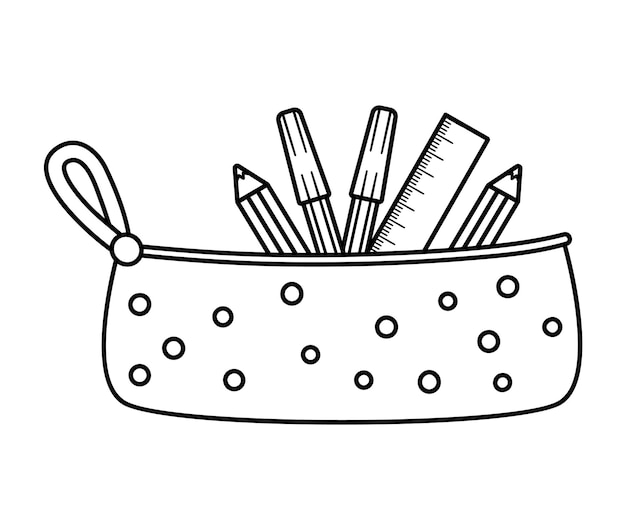 Vector black and white pencil case with stationery Contour back to school educational clipart
