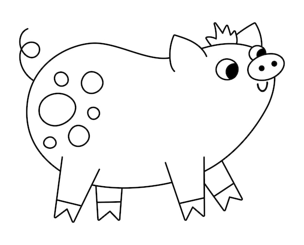 Vector black and white pig icon Cute cartoon swine line illustration for kids Farm animal isolated on white background Colorful outline cattle picture or coloring page for children