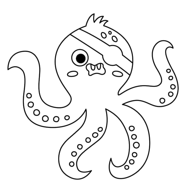 Векторная черно-белая икона пиратского осьминога Симпатичная линия иллюстрации морских животных Охотник за сокровищами с повязкой на глазу