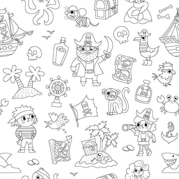 Vector black and white pirate seamless pattern cute line sea adventures repeat background treasure island digital paper with ship captain sailors chest map parrot pirate party coloring pagexa