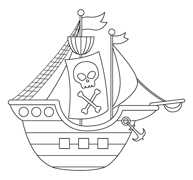 Icona della nave pirata vettoriale in bianco e nero illustrazione della nave del mare carino linea barca del cacciatore dell'isola del tesoro con vele cranio e ossa incrociate divertente elemento del partito dei pirati o pagina da colorare per i bambini