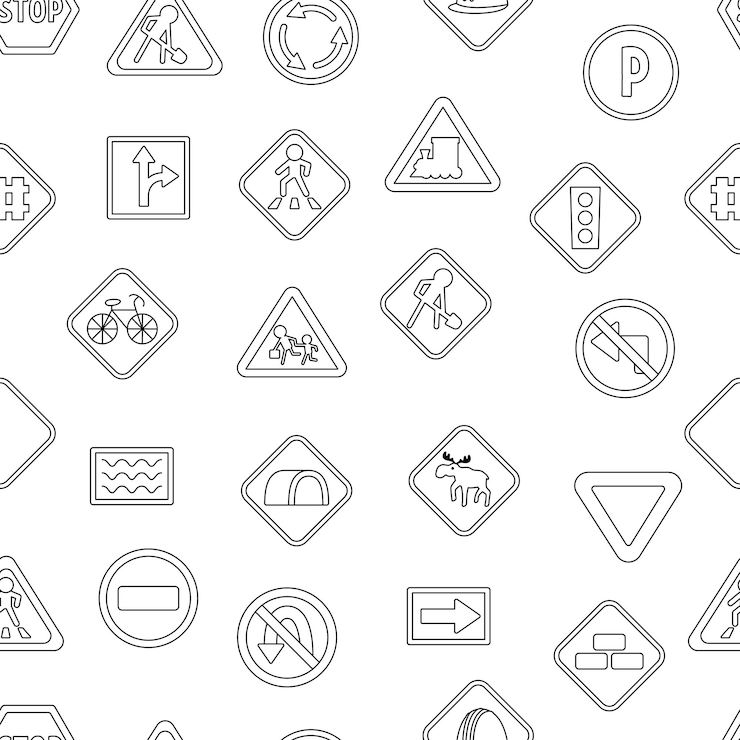 Vector vector black and white road signs seamless pattern line railway and traffic street repeating background cute highway rules coloring page with traffic lights stop arrowsxa