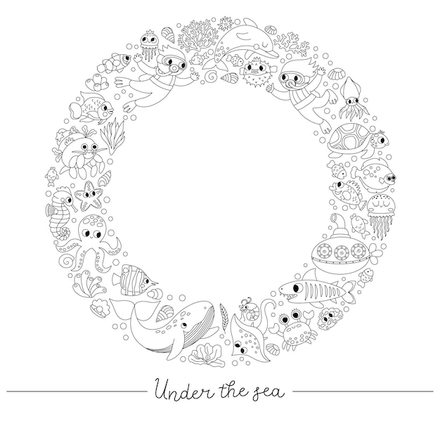 Vector black and white under the sea round frame with divers submarine animals weeds Line ocean wreath card template design or coloring page Cute illustration with dolphin whalexA