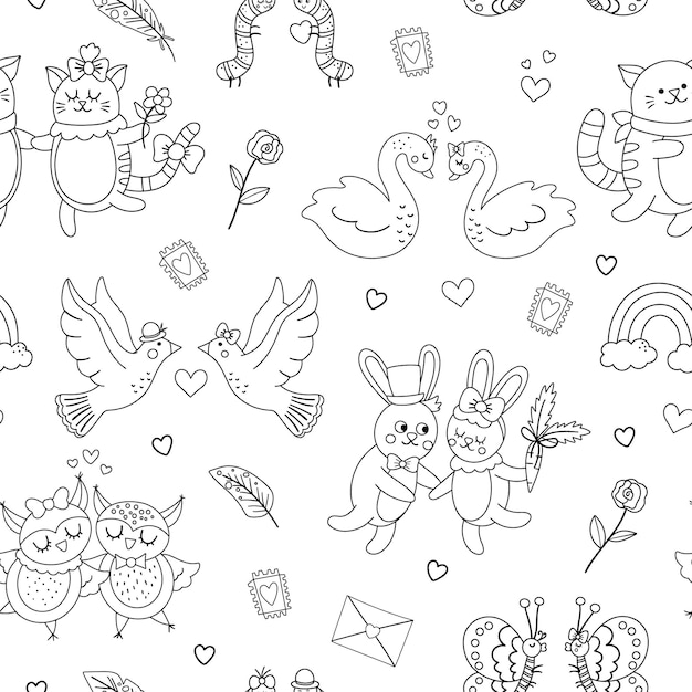 Vector black and white seamless pattern with cute animal pairs. Repeating background with loving couples. Love relationship concepts digital paper. Line texture with Valentineâs day characters.