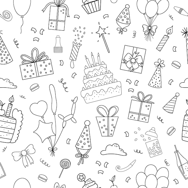 Reticolo senza giunte in bianco e nero con graziosi elementi di design di buon compleanno. celebrazione del partito ripetendo lo sfondo. carta digitale vacanza vettoriale con regali di linea, torta con candele