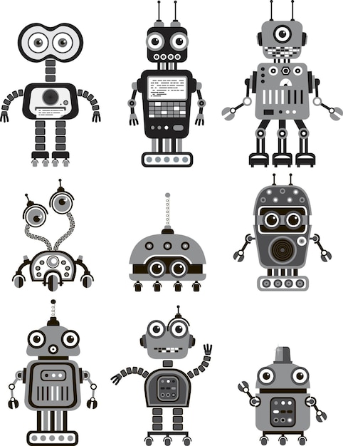 Vector black and white set of illustration cute vintage robots. Icons.