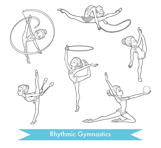 Vector black and white set of rhythmic gymnastics  cartoon sport girls