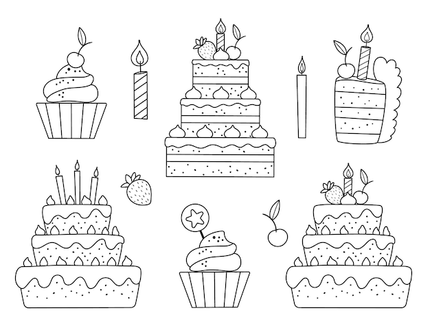 생일 케이크, 양초, 컵케이크가 있는 벡터 흑백 세트. 귀여운 개요 식사 또는 캔디 바 요소. 카드, 포스터, 인쇄 디자인을 위한 재미있는 디저트 삽화. 휴일 라인 아이콘입니다.