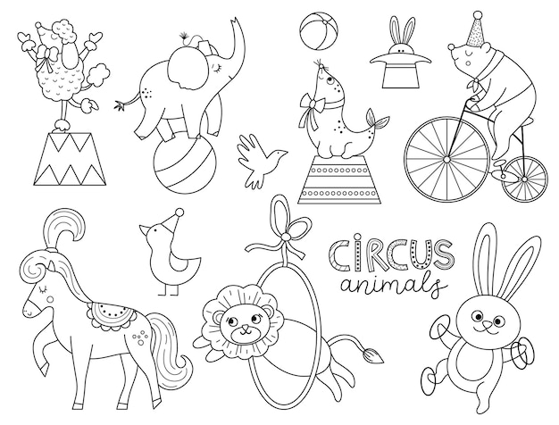 서커스 동물과 벡터 흑백 세트 Amusement holiday line icons pack Cute funny festival characters clipart Street show comedians coloring page with elephant bear on bike lionxA