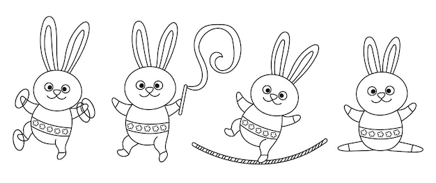 Векторный черно-белый набор с кроликами-гимнастами с канатной лентой хула-хуп