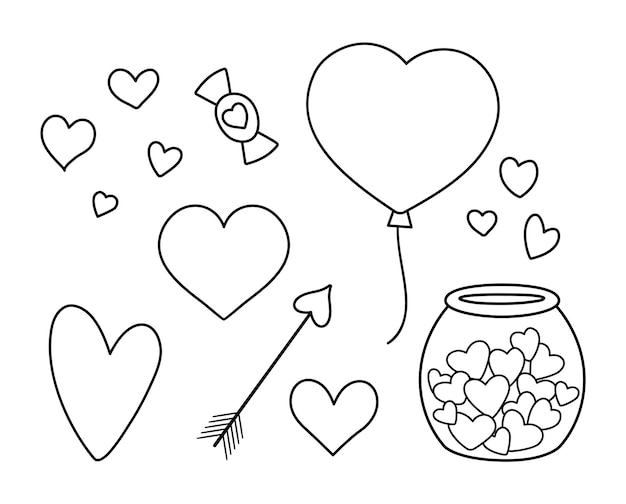 Vector black and white set with hearts Cute heart shaped balloon arrow sweet pot with candies