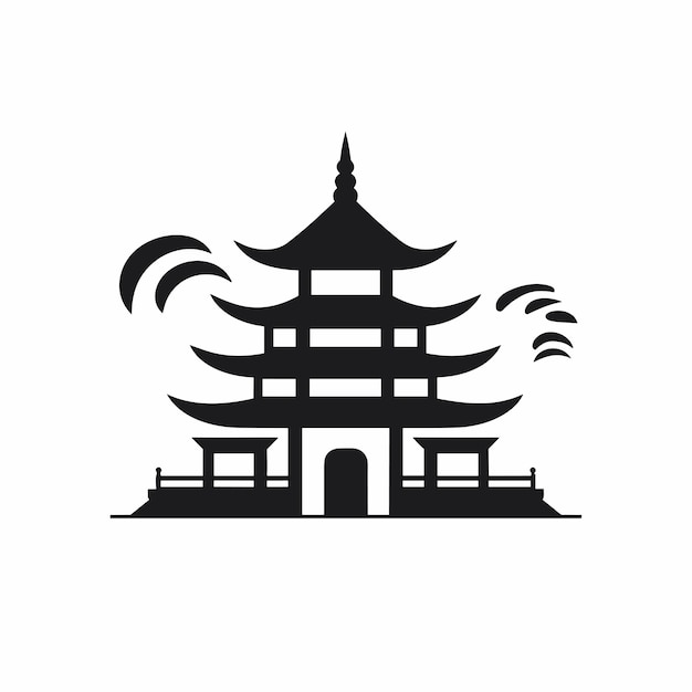 Vector of a black and white silhouette of a pagoda