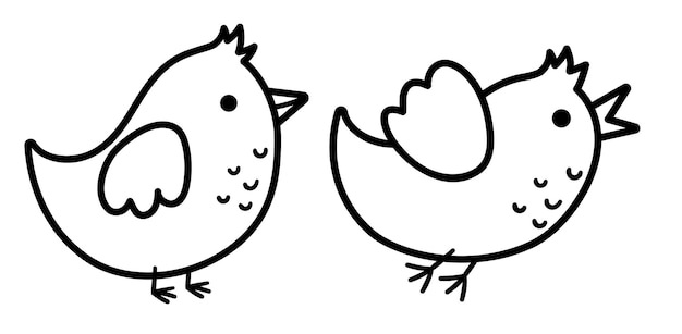 Векторная черно-белая сидящая и летящая птица Смешная линия икона лесного животного Симпатичная лесная иллюстрация или страница раскраски для детей на белом фоне xA