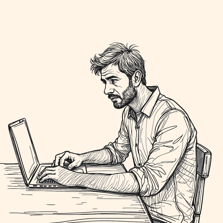 Vector vector black and white sketch of man and laptop