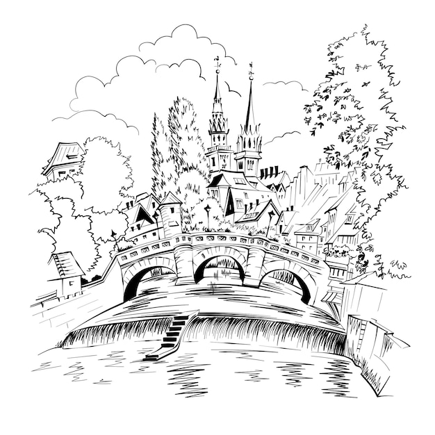 Vector black and white sketch of old town of nuremberg with max bridge and st laurence church bavari