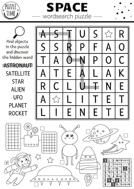 아이들을 위한 벡터 흑백 공간 단어 검색 퍼즐 UFO 우주 비행사 별 행성 로켓 외계인과의 간단한 천문학 크로스워드 활동 태양계 크로스 단어 또는 색칠 페이지xA
