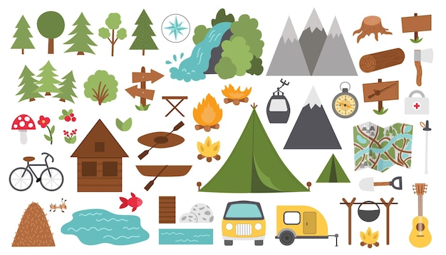 Vector black and white summer camp set Forest woodland nature elements collection Outdoor active tourism and sport outline icons pack with trees waterfall boats bike campfire tent mountains xA