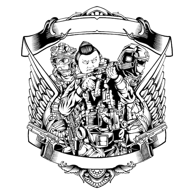 vector black and white tactical soldier army illustration