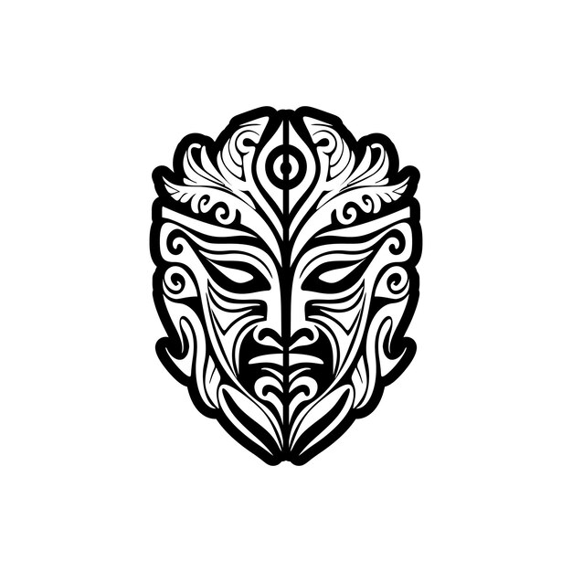 Vector black and white tattoo sketch of a Polynesian god mask