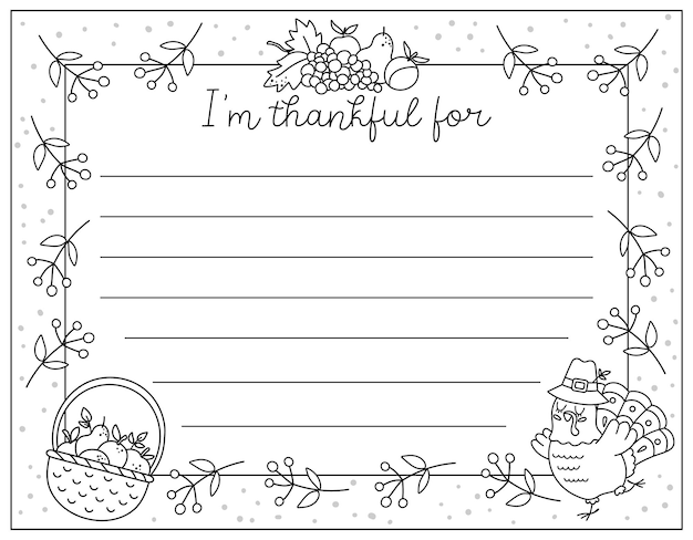 Vector vector black and white thanksgiving card im thankful for horizontal line letter template with cute turkey basket with apples fruit harvest autumn outline holiday frame design for kidsxa