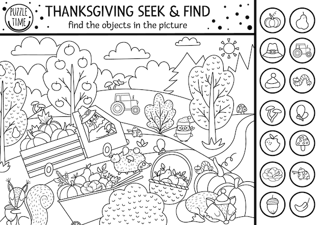 Vector black and white Thanksgiving searching game or coloring page with cute turkey in the field Spot hidden objects Simple seek and find s outline autumn or farm printable activity xA