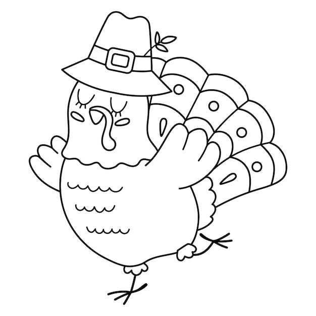 Vector vector black and white thanksgiving turkey in pilgrim hat autumn bird line icon outline fall holiday dancing animal with closed eyes isolated on white backgroundxa