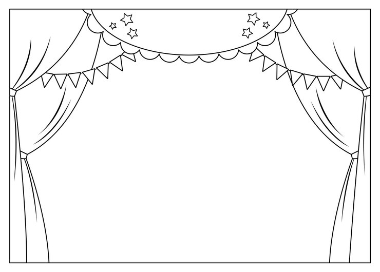 वेक्टर vector black and white theater or circus stage with curtains flags and place for text concert scene line background hall decoration holiday event or entertainment show coloring pagexa