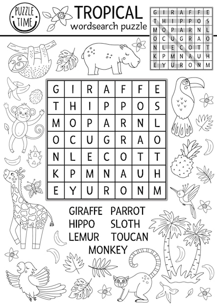 Vector black and white tropical wordsearch puzzle for kids\
simple summer crossword with exotic animals and birds for children\
keyword activity with cute funny giraffe hippo parrot monkeyxa