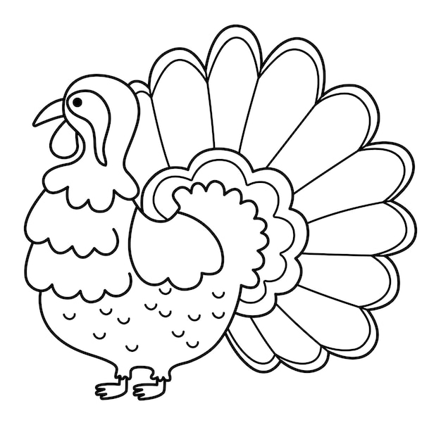 Vector black and white turkey icon Cute cartoon gobbler illustration for kids Farm bird isolated on white background Line animal picture or coloring page for children