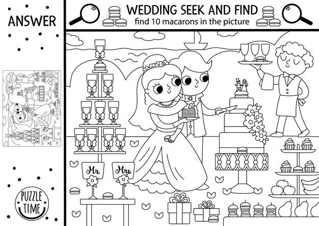 결혼식 장면과 함께 검은색과 색 웨딩 검색 게임: 숨겨진 마카론을 발견하고 선을 찾으십시오 교육 인쇄 활동 또는 귀여운 신부 신부 케이크를 가진 컬러 페이지